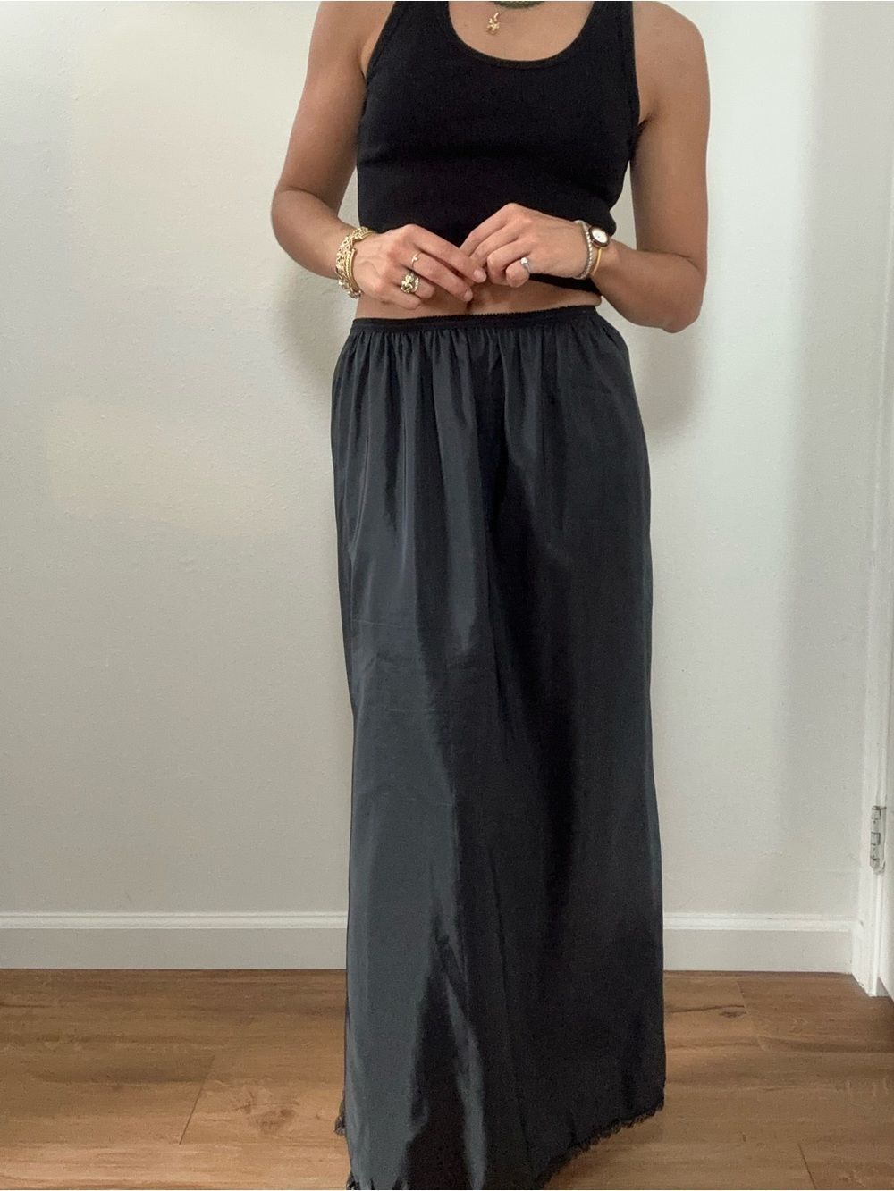 Vintage Sears 80's Black Maxi Skirt Slip Skirt Lace Trim Size M